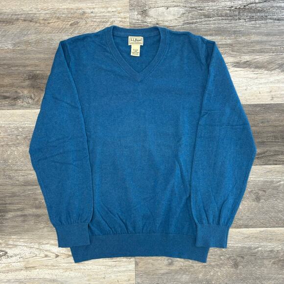 LL Bean Sweater Blue Men L V-Neck Cotton Cashmere Blend Plain Knit Pullover - Picture 1 of 9